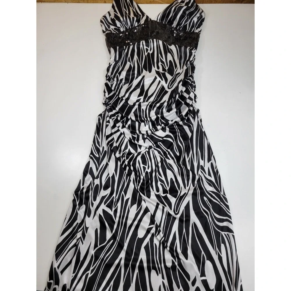 Sequin Hearts Black White Zebra Print Halter Formal Prom Gown Dress Size 13